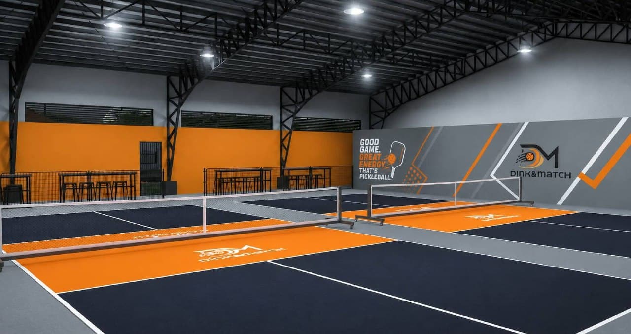 Wide view of the indoor courts showing the orange kitchen zones and the Good Game Great Energy mural